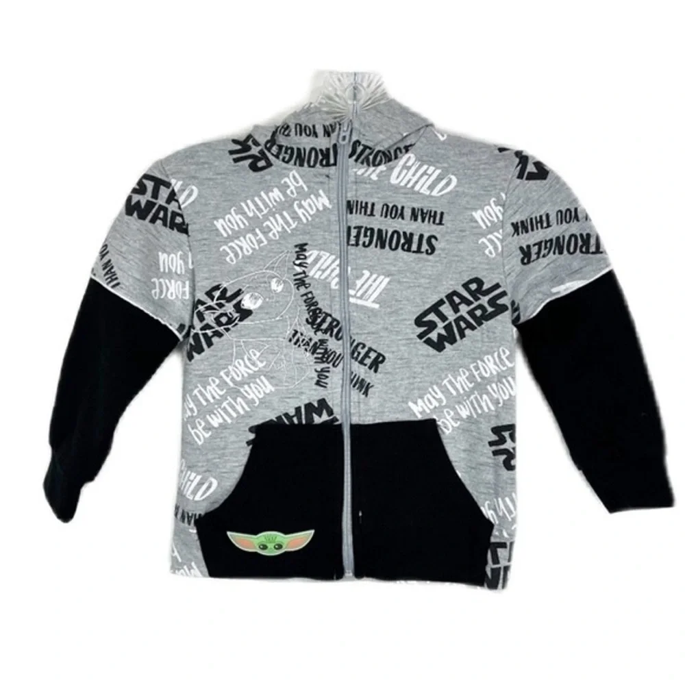 ✨ Star Wars Kids Gray & Black Baby Yoda Grogu Mandalorian Hooded Zipper Jacket 6